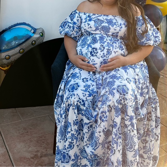 Blue floral print maternity dress - Picture 3 of 4